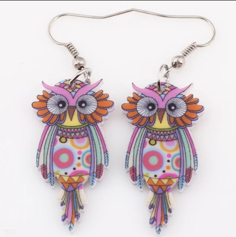 Multi-Color Acrylic Owl Dangle Earrings